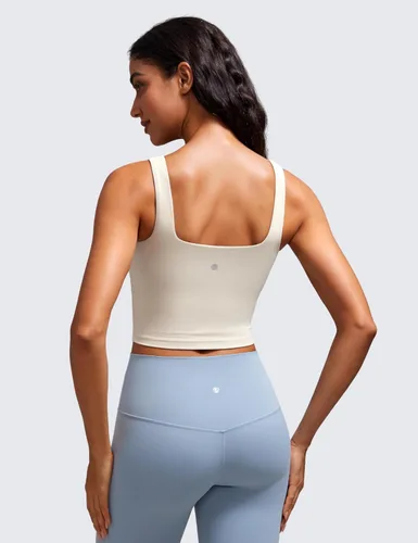 Miniatura 21 de CRZ YOGA Butterluxe Brasier deportivo de cuello cuadrado para mujer, estilo camiseta corta sin mangas, acolchado con soporte integrado para yoga