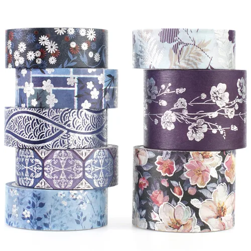 Miniatura 4 de Juego de 8 rollos de cinta adhesiva azul elegante Washi con adornos plateados anchos, cinta decorativa para manualidades, bricolaje, diarios