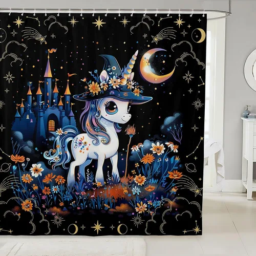 Cortina de ducha de tela de unicornio de Halloween, misteriosa cortina de ducha de flores de castillo estrellado para baño, cortina de ducha