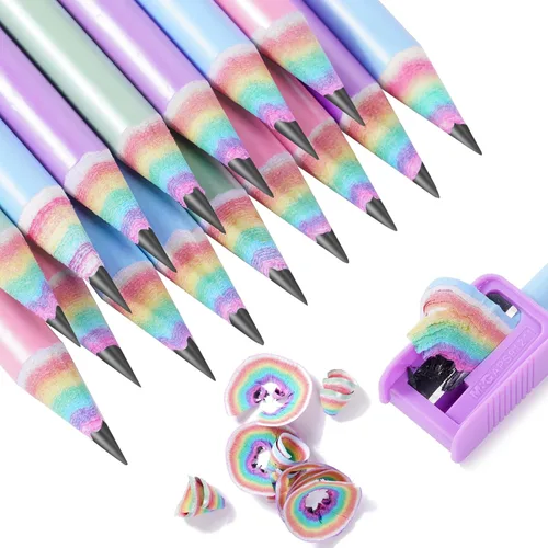 Miniatura 3 de Ainiv 32 piezas de lápices ecológicos de papel reciclado arco iris sin madera ni plástico #2 HB con sacapuntas, lápices de colores estilo macaron