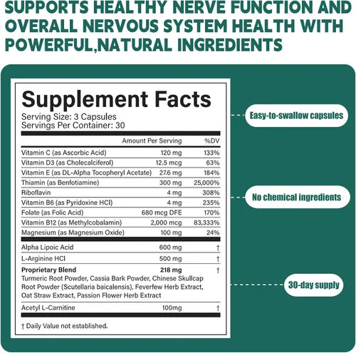 Miniatura 2 de for Neuropaty - 600 mg de ácido alfa lipoico + vitaminas B y mezcla de hierbas para la salud nerviosa, energía natural, 90 cápsulas