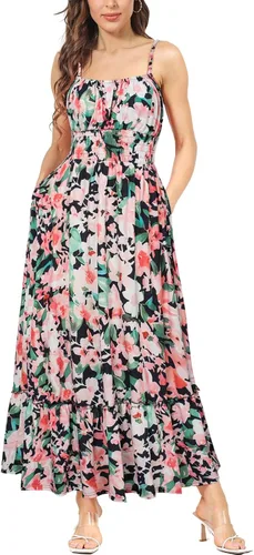GRACE KARIN Vestido largo de verano para mujer, casual, sin mangas, con tirantes delgados, volantes, acampanado, para la playa, con bolsillos