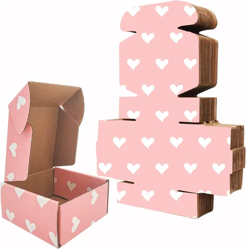 Paquete de 25 cajas de envío con corazones rosas para bebé, cajas de cartón corrugado de kraft reciclables de 4 x 4 x 2 pulgadas, cajas de embalaje