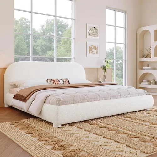 Miniatura 11 de Cama de Plataforma Tapizada con Forma Curva con Cabecera de Forma Curva, Marco de Cama de Madera Tamaño Full para Dormitorio de Niños y Adultos