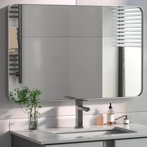Miniatura 10 de PAIHOME Espejo de baño de níquel cepillado de 16 x 24 pulgadas para pared, espejo de baño con marco plateado de acero inoxidable 304, espejo
