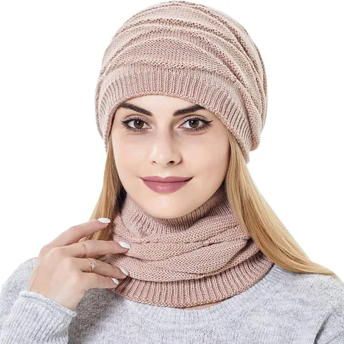 Miniatura 3 de Conjunto de gorro y bufanda para mujer para niñas, gorro de esquí de invierno de punto cálido con forro polar