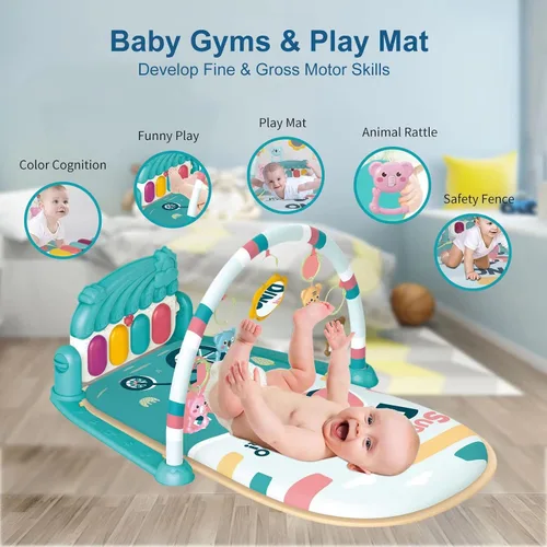 Miniatura 3 de dearlomum Tapete de juego para bebé y piano para tiempo de barriga, alfombrilla de actividad sensorial para bebés con 5 juguetes, música y luces