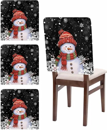 Juego de 4 fundas para respaldo de silla de Navidad, muñeco de nieve, copo de nieve, color negro, extraíble, protector de silla para decoración de
