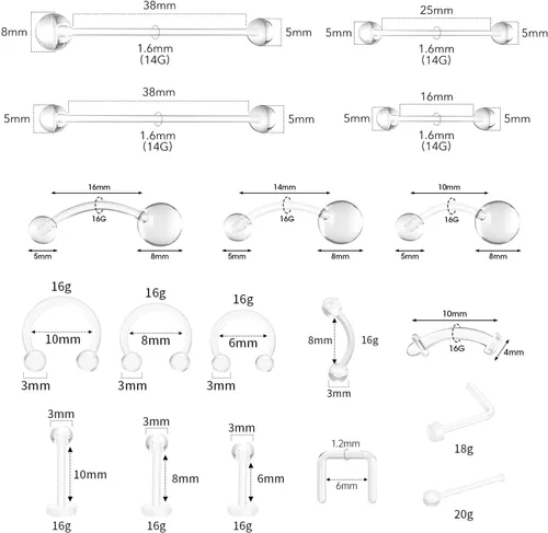 Miniatura 2 de Juego de 54 retenedores de piercing transparentes, de plástico transparente de varios calibradores, joyería corporal para nariz, orejas, labios