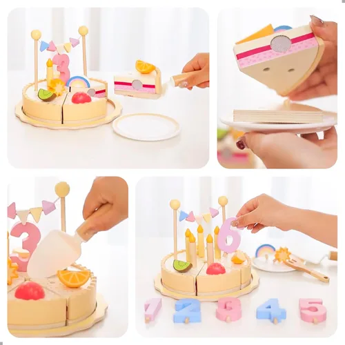 Miniatura 5 de UMU® Juego de pastel de cumpleaños de madera, juguete de cocina con velas, números, frutas y coberturas, comida de madera para niños de 3, 4, 5