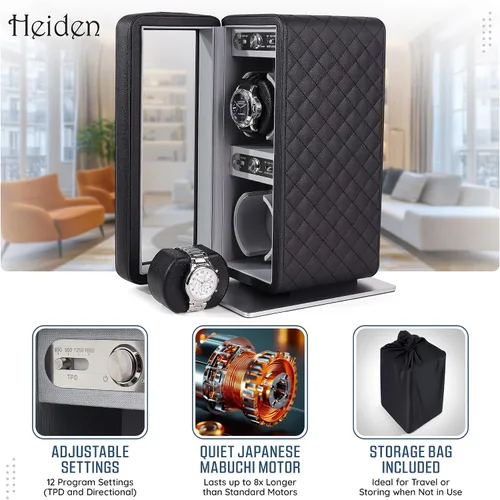 Miniatura 4 de Heiden Monaco - Bobinadora de reloj doble en cuero negro, funciona con pilas o adaptador de CA, 12 ajustes de programa, cuero vegano cosido
