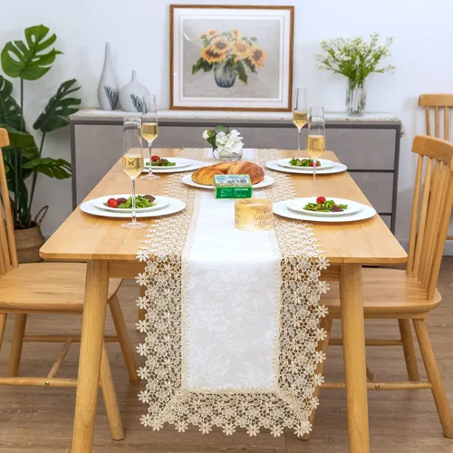 Miniatura 26 de Camino de mesa rectangular de granja de encaje beige premium, impermeable, a prueba de aceite, a prueba de derrames, antiencogimiento, suave