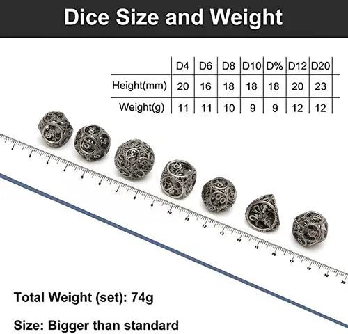 Miniatura 2 de Dados DND, dados de metal huecos D&D, juego de dados de mazmorras y dragones con caja de regalo, 7 piezas de juegos de dados poliédricos steampunk
