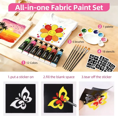 Miniatura 6 de Colorful Juego de Pintura de Tela para Ropa de 12 Colores - Kit de Pintura Textil Permanente para Zapatos, Lienzo - Juego de Pintura Antideslizante