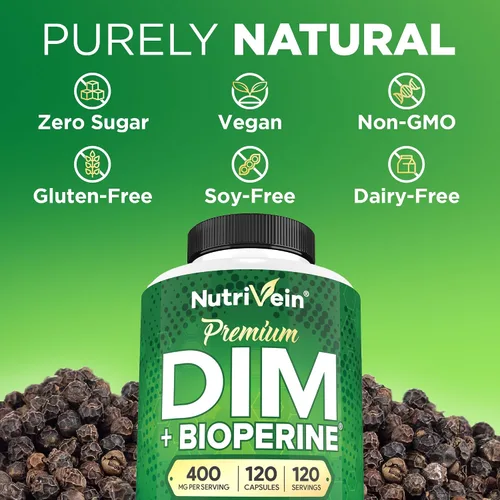 Miniatura 6 de Nutrivein Suplemento DIM Premium de 400 mg al día - 120 porciones (120 cápsulas): Diindolilmetano para mujeres y hombres - Más Bioperine
