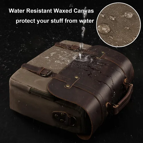 Miniatura 3 de Bolsa de mensajero para hombre, de lona encerada, maletín para laptop de 15.6 pulgadas, estilo vintage, de cuero, impermeable, para la escuela