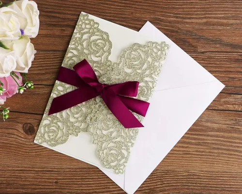Miniatura 3 de ponatia 25 unidades por lote de 250 GSM, 5.12 x 7.1 pulgadas, con purpurina, rosa hueca con cinta burdeos, para boda, despedida de soltera