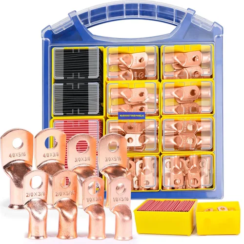 haisstronica Kit de 120 extremos de cable de batería, 60 piezas AWG 0 00 0000 0000 terminales de anillo de alambre de cobre resistentes, terminales