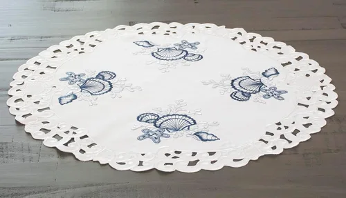 Miniatura 3 de Linens, Art and Things Mantel redondo bordado de playa de conchas azules sobre blanco, mantel pequeño (redondo de 23 pulgadas)