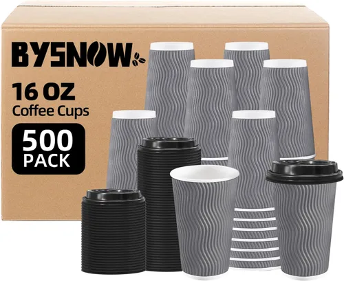 Miniatura 8 de BYSNOW Paquete de 100 tazas de café de 8 onzas con tapas, tazas de café aisladas desechables para llevar, tazas de café de papel onduladas