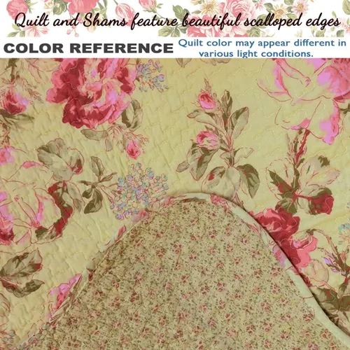 Miniatura 4 de Cozy Line Home Fashions Lelia Rosa Pink Floración Floral Vintage Amarillo Juego de Ropa de Cama Edredón Reversible 100% Algodón, Colcha Cubrecama