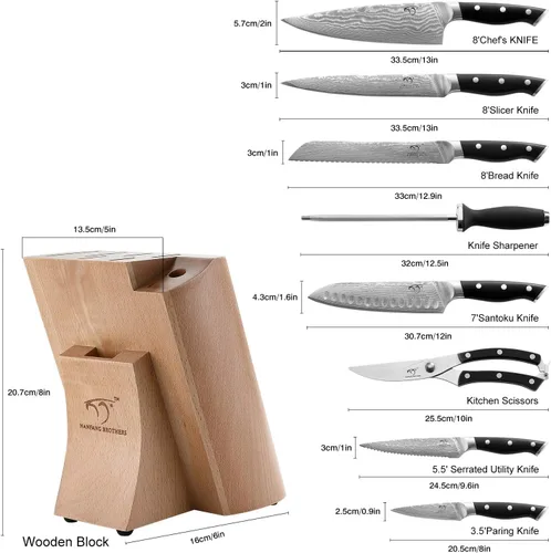 Miniatura 2 de NANFANG BROTHERS Juego de cuchillos de cocina de Damasco de 9 piezas con bloque, mango ergonómico ABS para juego de cuchillos de chef, afilador