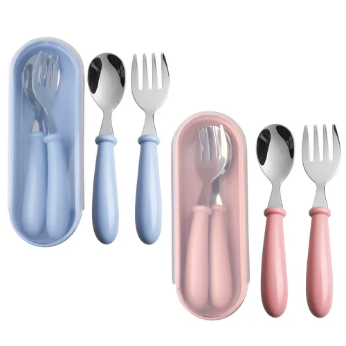 4 utensilios para niños pequeños, tenedores y cucharas para niños, utensilios de acero inoxidable para bebés, juego de cubiertos para bebé con caja
