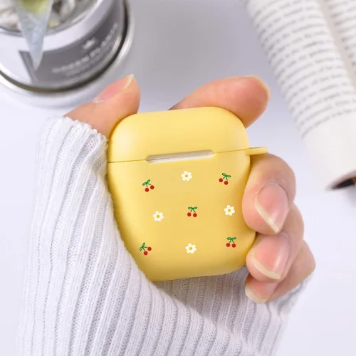Miniatura 3 de Funda amarilla para AirPod 1 y 2 con llavero de mosquetón de anillo, bonita funda de cereza inalámbrica para auriculares inalámbricos, funda