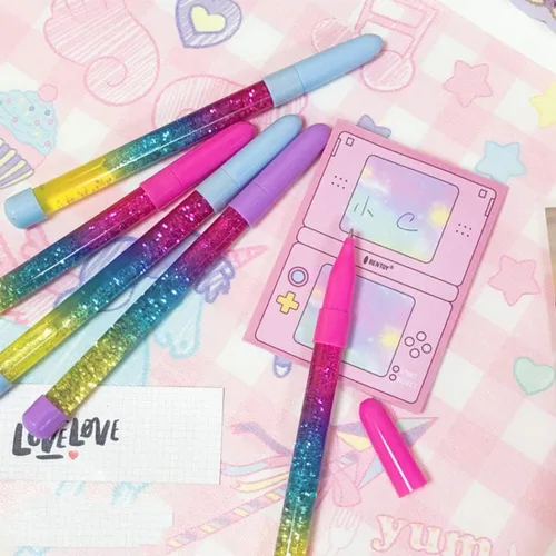Miniatura 5 de queenland Paquete de 4 bolígrafos de tinta de gel de arena líquida arcoíris con brillantina, bolígrafos de cristal, bolígrafos de punta redonda