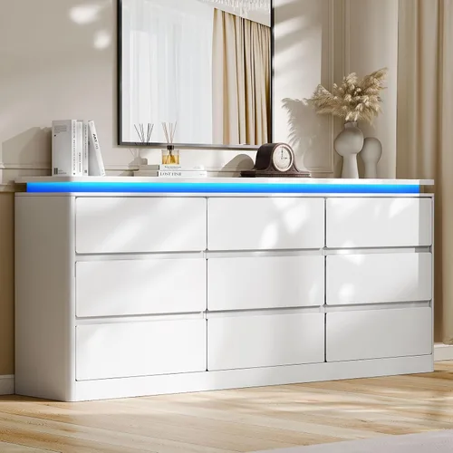 Miniatura 11 de Gyfimoie Cómoda Negra de 6 Cajones para Dormitorio, Cajonera Larga de 47.2" con Estación de Carga y Luces LED, Gabinete de Almacenamiento de Madera