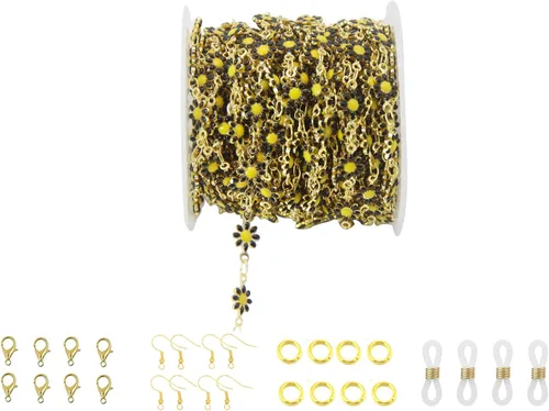 Miniatura 20 de Cadena de eslabones de girasol esmaltada hecha a mano con fornituras de latón chapado en oro para hacer joyas, máscara de vidrio, zapatos, Cc02