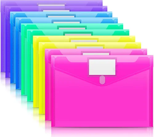 Sooez Paquete de 10 carpetas de archivos, sobres de polietileno transparente, carpetas para documentos, tamaño carta A4 con bolsillo para etiquetas,