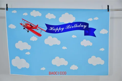 Miniatura 6 de Telón de fondo de 5 x 3 pies con diseño de avión rojo, diseño de dibujos animados, cielo azul, nubes blancas, feliz cumpleaños, fotografía, fondo