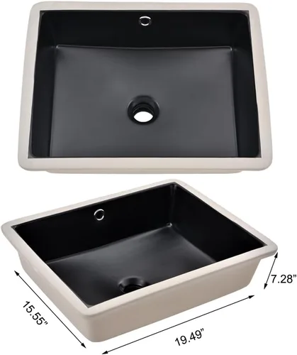 Miniatura 6 de Fregadero de baño rectangular de 20 x 15 pulgadas, color negro, de porcelana, cerámica, arte moderno, lavabo bajo encimera con desbordamiento Negro