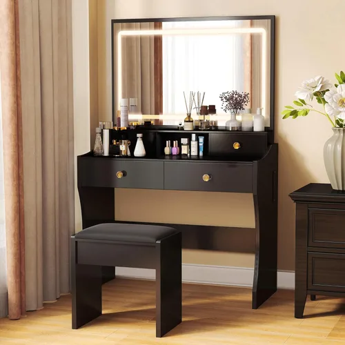 COMHOMA Vanity Desk with LED Lights Mirror & Power Outlet, Small Makeup Vanity Table Set with 5 Storage Drawers, 3 Lighting Modes & Adjustable