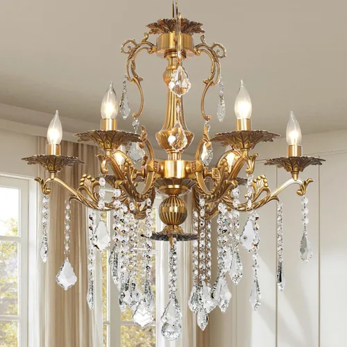 Moderna Elegante Araña de 6 Luces de Cristal K9 en Bronce Antiguo Iluminación de Techo Colgante Estilo Europeo para Comedor, Sala de Estar,