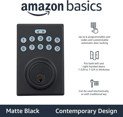 Miniatura 2 de Amazon Basics Cerradura de Puerta con Pestillo de Seguridad y Teclado Electrónico con Control Táctil sin Llave, Instalación Fácil, Bloqueo Negro mate