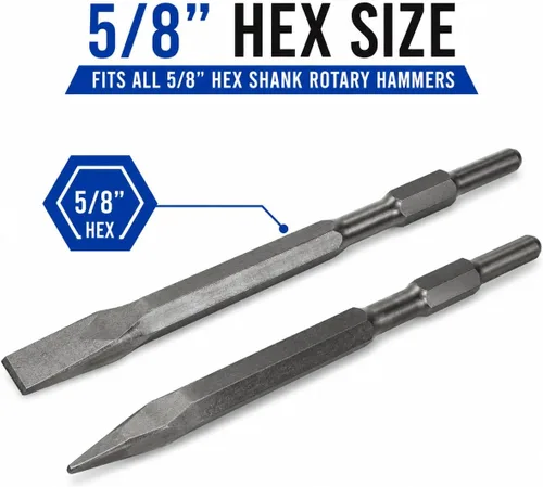 Miniatura 3 de XtremepowerUS Cinceles de hormigón plano y punta de 2 piezas para martillo eléctrico de demolición de 5/8 pulgadas, vástago hexagonal de 2 piezas