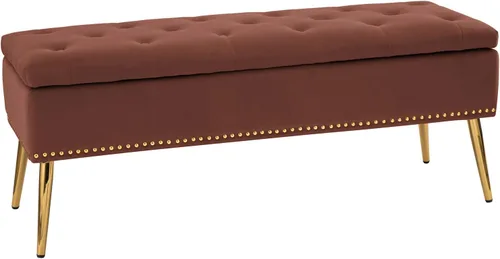 Miniatura 8 de HULALA HOME Moderno banco otomano de almacenamiento de terciopelo con base dorada y borde de cabeza de clavos, banco tapizado para dormitorio