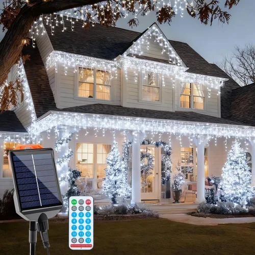 Miniatura 10 de Luces solares de Navidad para exteriores, 640 LED, 16 pies + 60 pies, luces solares de carámbano que cambian de color, impermeables, con 13 modos