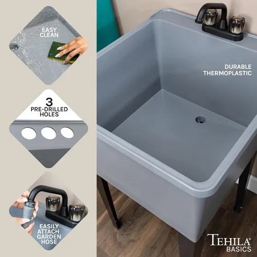 Miniatura 6 de Tehila Basics de JS Jackson Supplies - Fregadero utilitario independiente gris de 21 galones con grifo negro de 2 manijas, bañera de lavandería