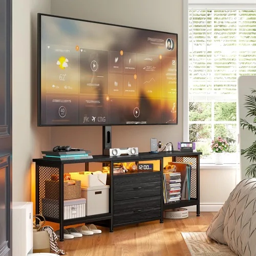 Miniatura 7 de Soporte de TV de 55 pulgadas de ancho con soporte y toma de corriente para TV de 32/45/55/60/65 pulgadas, consola LED giratoria y ajustable con 2