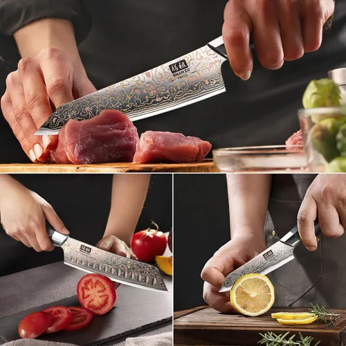 Miniatura 5 de Juego de cuchillos de cocina de Damasco SHAN ZU, cuchillos de cocina japoneses de cobre y acero de Damasco, cuchillo utilitario forjado a mano
