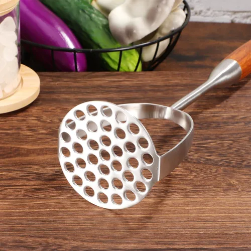 Miniatura 7 de Angoily Triturador de papas de acero inoxidable con mango de madera, prensador de papas resistente para papas de mano para aguacate y verduras