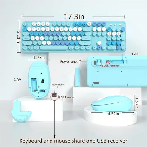 Miniatura 4 de Links9+ Combo de teclado y mouse inalámbricos, teclado retro de tamaño completo con teclas redondas, 2.4GHz para Windows, Mac, laptop, PC, azul