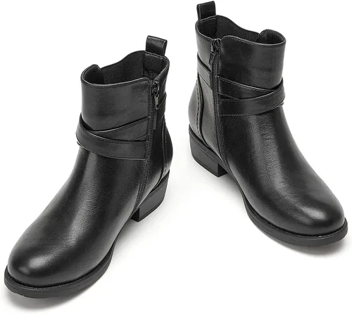 Miniatura 5 de VJH confort Botines para mujer, punta redonda, tacón bajo, cómodos, elásticos, con correa de hebilla y cremallera lateral