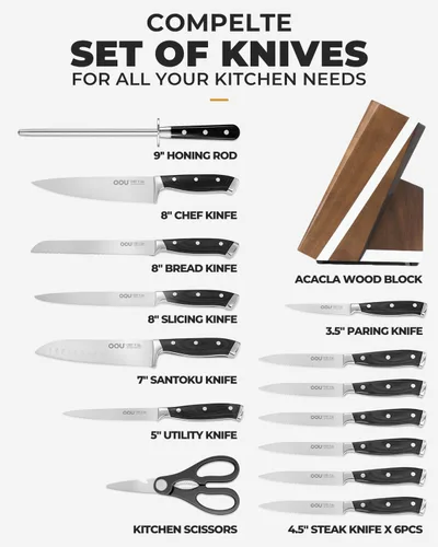 Miniatura 6 de OOU Juego de cuchillos de cocina 2025 con bloque, juego de cuchillos de acero inoxidable alemán de 15 piezas con varilla de afilar, mango de madera