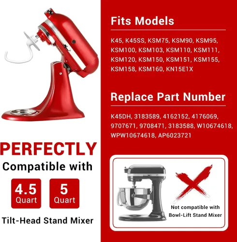 Miniatura 4 de K45DH - Gancho para masa KitchenAid de 4.5/5 cuartos de galón con cabezal inclinable, gancho de masa de pizza para pan, reemplazo para batidoras