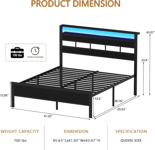 Miniatura 8 de Furnulem Base de cama Queen con cabecera de almacenamiento y luces LED, base de cama de metal con estación de carga y puerto USB, cama de plataforma