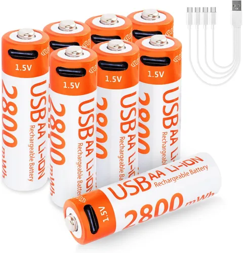 Miniatura 7 de Baterías de litio AA recargables, paquete de 4 baterías AA de iones de litio de 1.5 V 2800 mWh, 1000 ciclos de iones de litio doble A con cable